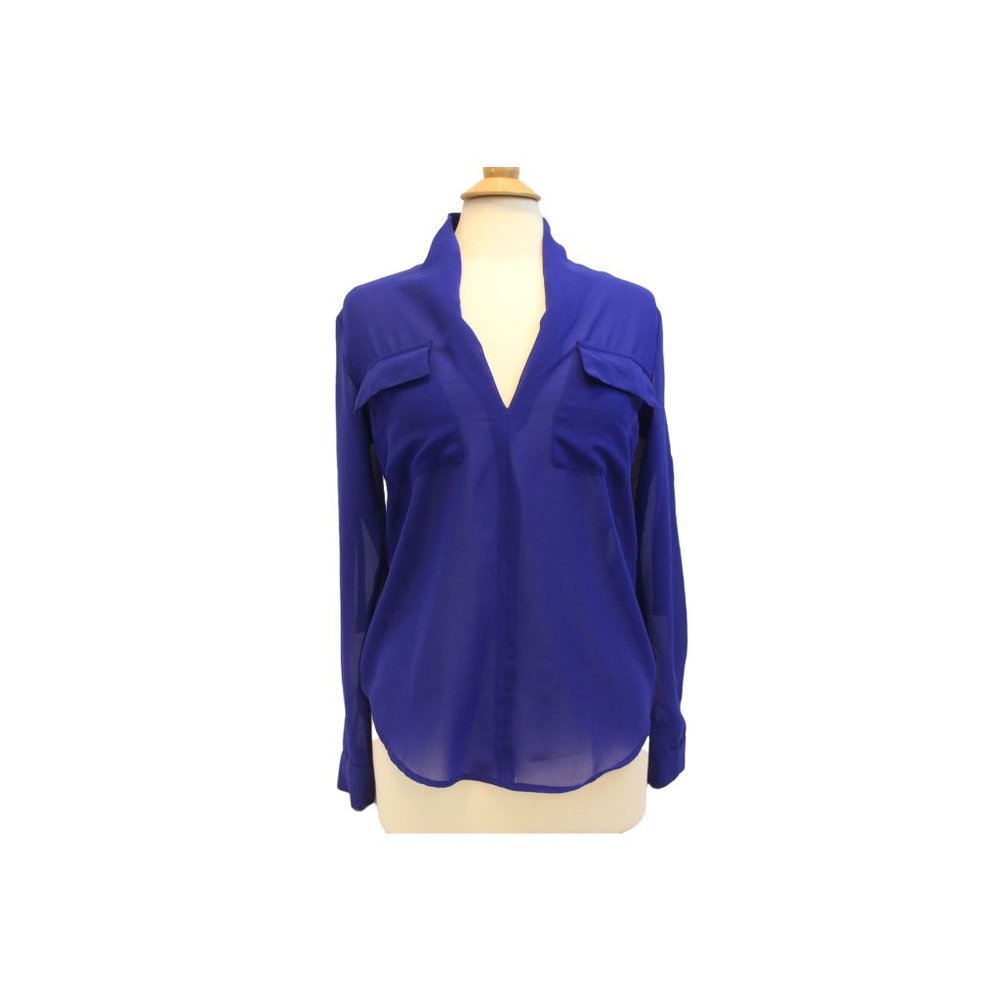 Royal Blue Chiffon Sheer Hi Lo Long Sleeve Blouse M